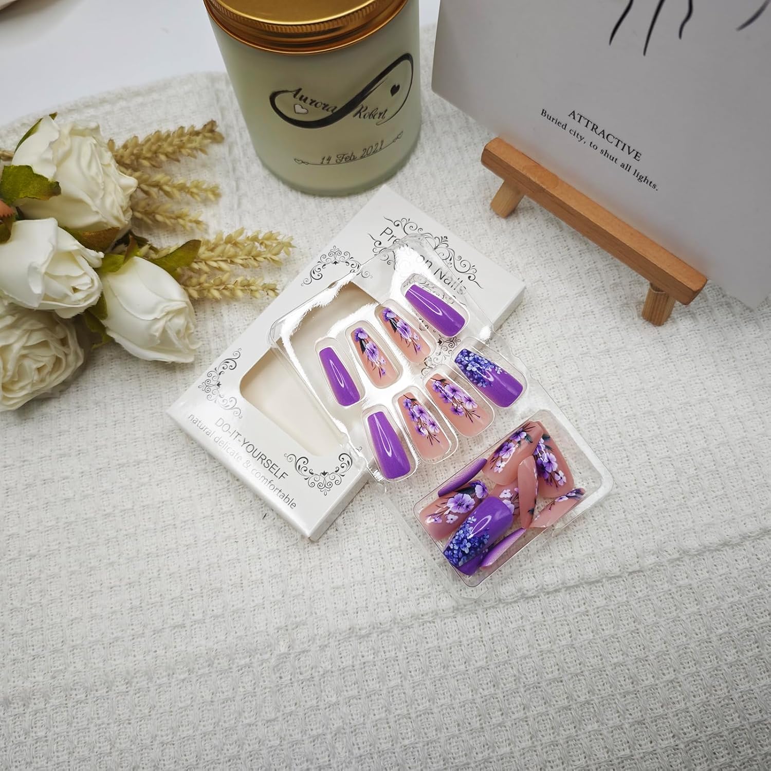 24Pcs Long Square Purple Press on Nails with Flower Design for Women and Girls - Image 3