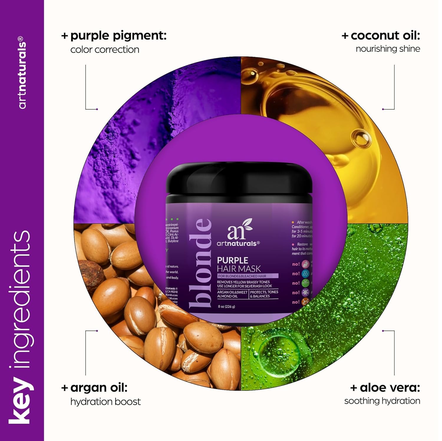 Artnaturals Purple Hair Mask for Blonde, Silver & Platinum Hair - Removes Yellow Brassy Color, Repairs Dry & Bleached Hair - Deep Conditioning Treatment Hair Moisturizer - Sulfate Free (8 Oz/226g) - Image 4