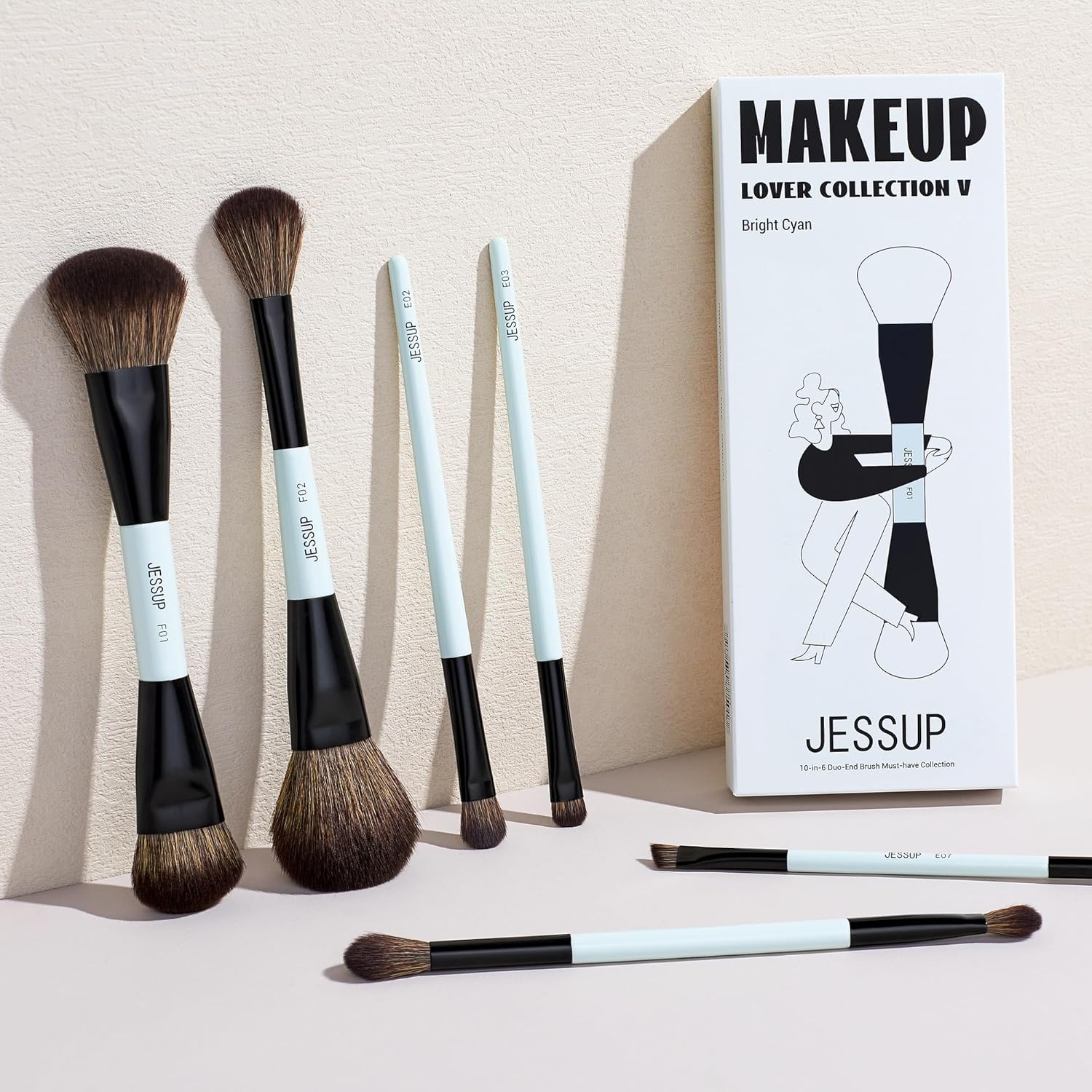 Jessup 6 Piece Double Sided Vegan Makeup Brush Set Bright Cyan - Image 7