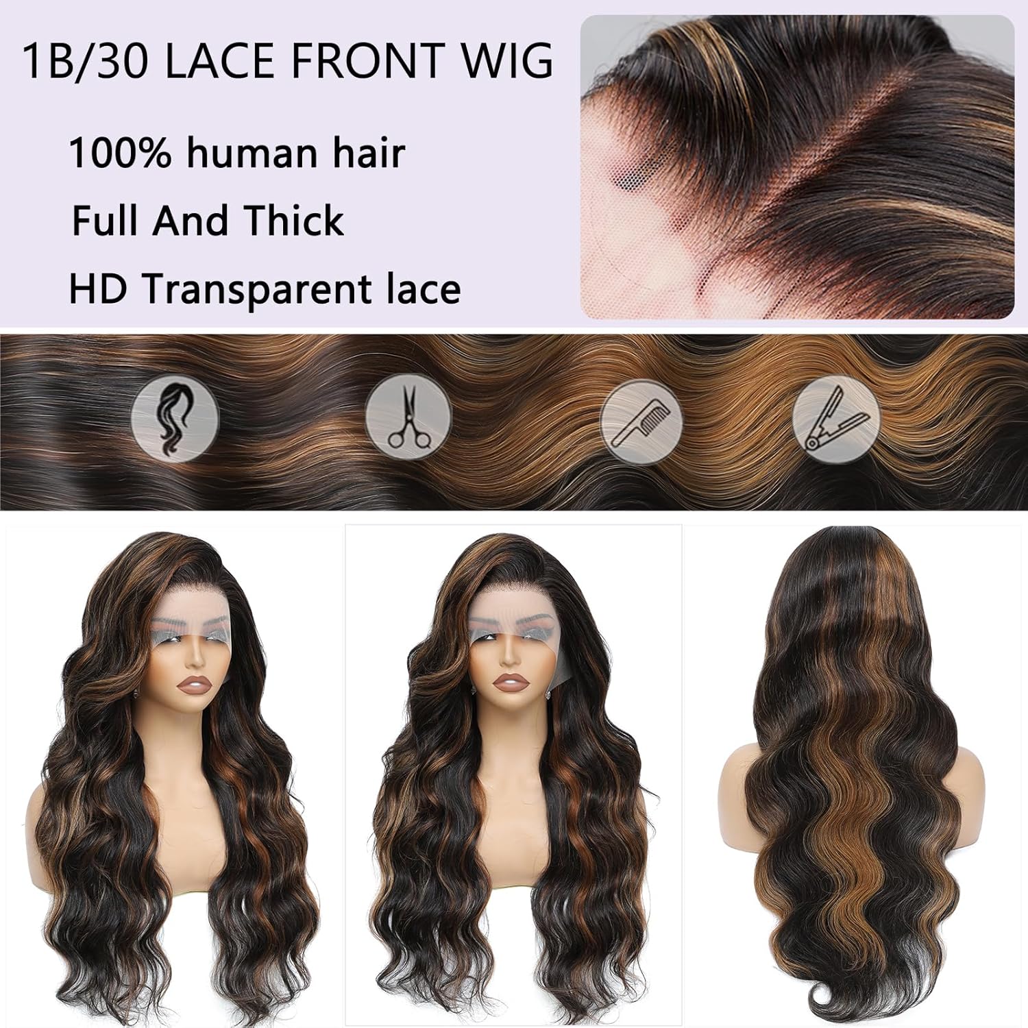 Highlight Ombre 28 Inch Body Wave Lace Front Wig Human Hair 13x4 Pre Plucked 180 Density - Image 5
