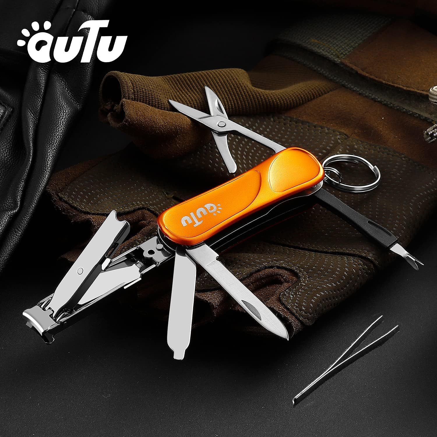 OUTU Orange 7-in-1 EDC Utility Tool Keychain with Nail Clipper and Scissors for Men - Image 3