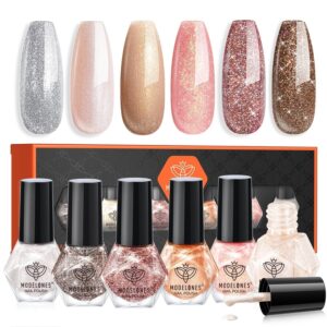 Modelones Nail Polish Set 6 Colors Gold Glitter Mini Set Winter Shimmer Pearl Pink Nude Silver Quick Dry Kit Manicure DIY Nails Art Salon Home Gift For Women Girl