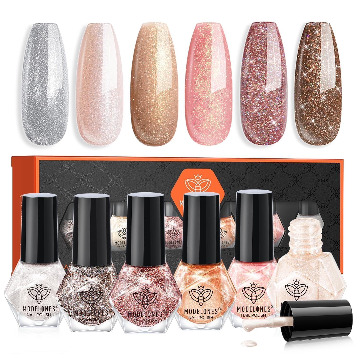 Modelones Nail Polish Set 6 Colors Gold Glitter Mini Set Winter Shimmer Pearl Pink Nude Silver Quick Dry Kit Manicure DIY Nails Art Salon Home Gift For Women Girl