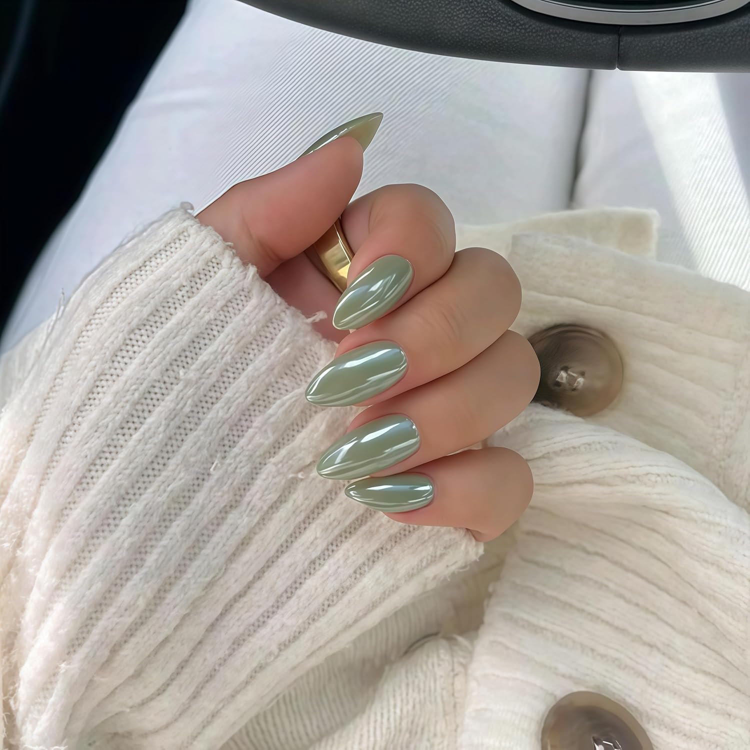 Green Glazed Almond Press-On Nails Medium Length Grass Green Chrome Acrylic - Image 3