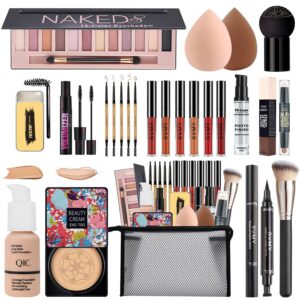 All in One Makeup Kit, 12 Colors Eyeshadow, Foundation & Primer, CC Cream, Lipsticks, Mascara, Makeup Brush & Sponge, Brow Pencil & Soap, Eyeliner, Contour Stick, Cosmetics Bag