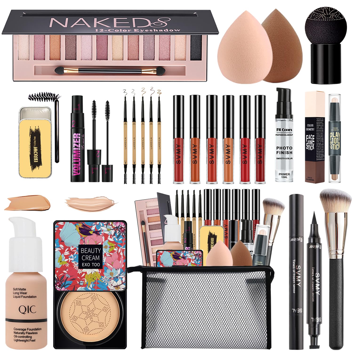 All in One Makeup Kit, 12 Colors Eyeshadow, Foundation & Primer, CC Cream, Lipsticks, Mascara, Makeup Brush & Sponge, Brow Pencil & Soap, Eyeliner, Contour Stick, Cosmetics Bag