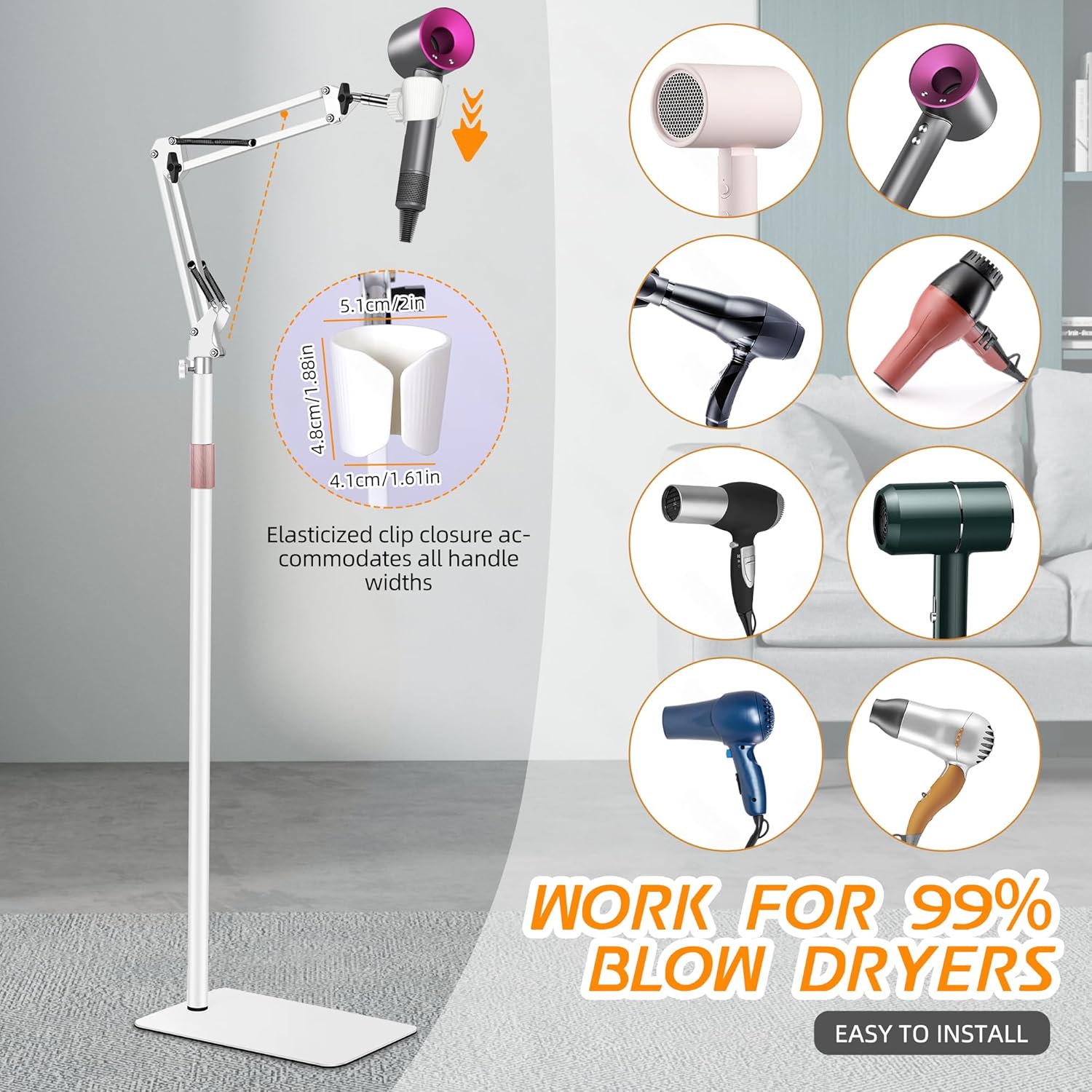 White Adjustable 1.68M Hair Dryer Stand Holder with Heavy Base - Image 3
