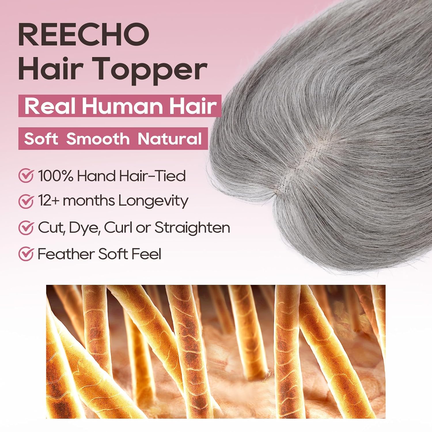 REECHO Dark Gray 16 Inch Real Human Hair Topper with Clip-in Bangs Extensions for Women - Image 2