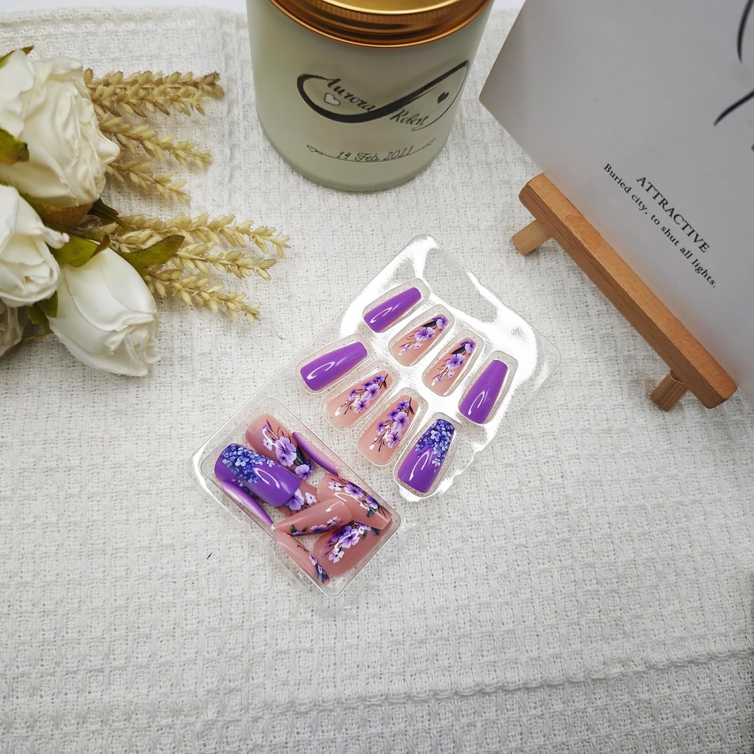 24Pcs Long Square Purple Press on Nails with Flower Design for Women and Girls - Image 2