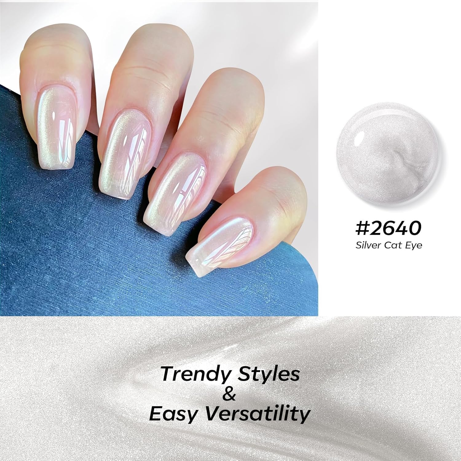 Modelones 15 ML Silver Nude Glitter Holographic Cat Eye Gel Nail Polish - Image 3