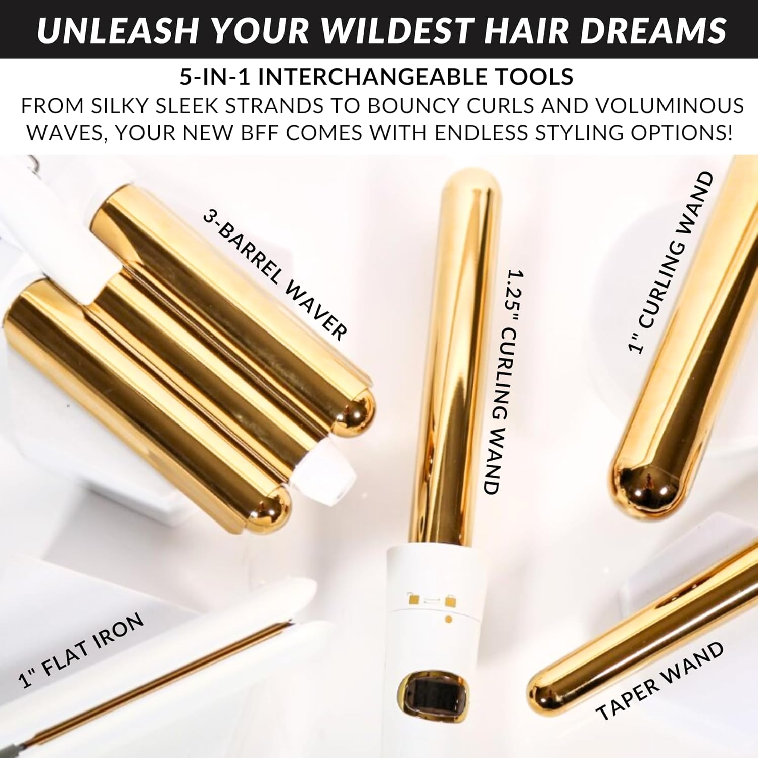 FoxyBae 5-in-1 Pearl White Hair Styling Tool Set with 1" Flat Iron, 3 Wands, Crimper, Waver - Image 2