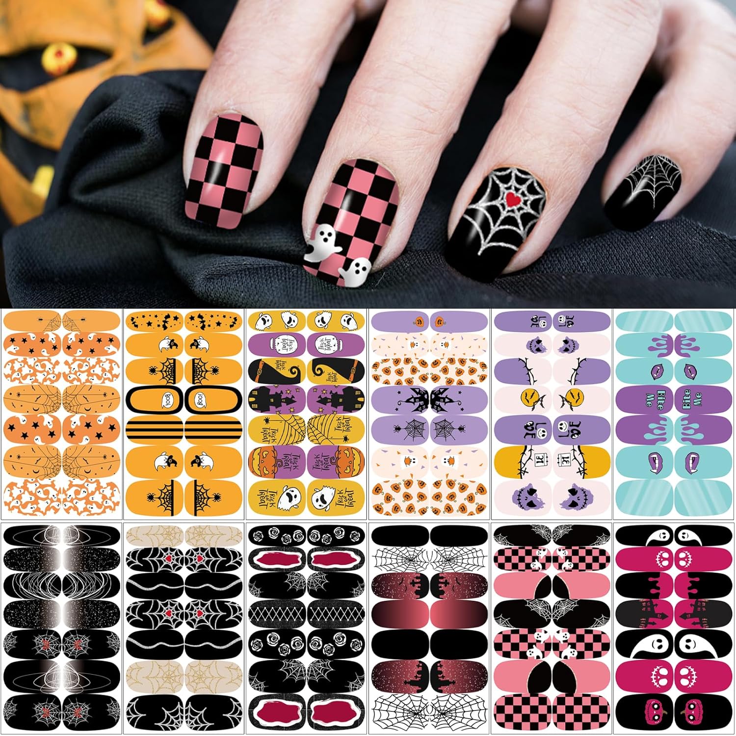 12 Sheets Halloween Nail Wraps Stickers, Nail Polish Strips DIY Self-Adhesive Full Glitter Nail Art Decals Pumpkin Bat Ghost Spider Skull Pattern with 2 Piece Nail Files for Party Decor (168 Pieces)
