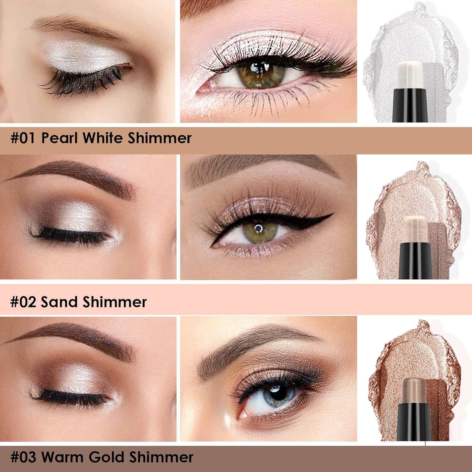 POPMISOLER 3 Pc Glitter Eyeshadow Stick Set Waterproof Cream Formula Soft Smudger - Image 4