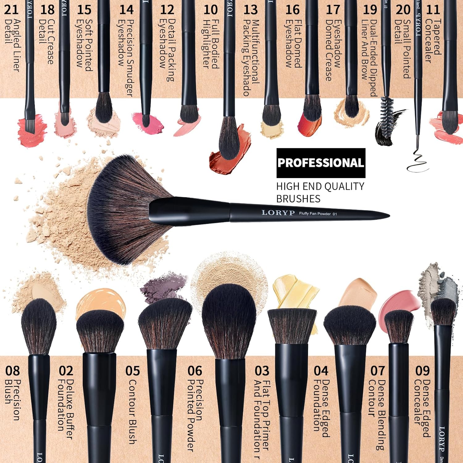 LORYP 21-Piece Vegan Black Makeup Brush Set for Face and Eye Application - Image 2