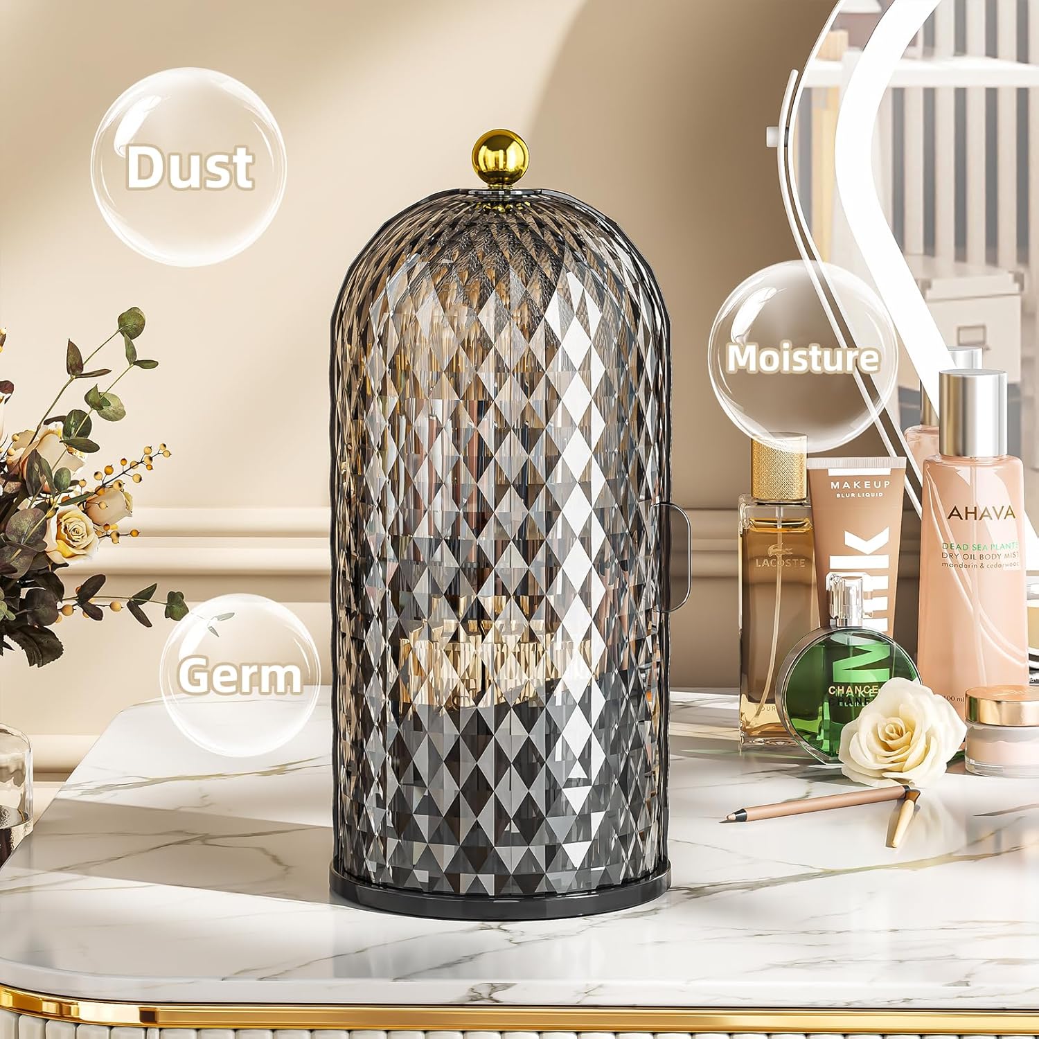 360 Rotating Makeup Brush Holder Organizer with Dustproof Lid for Vanity Black - Image 6