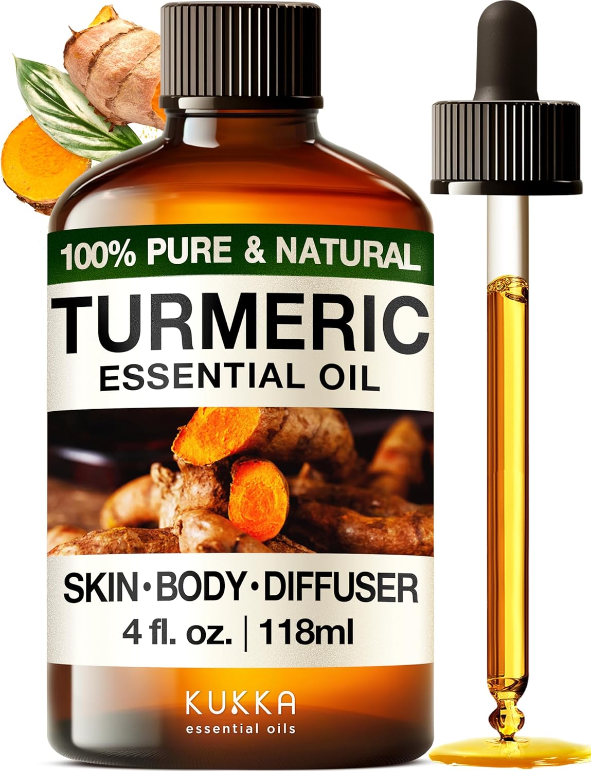Kukka Turmeric Oil for Skin - 4 Fl Oz - 100% Pure Natural Turmeric Essential Oil, Herbaceous Scent, for Face, Hair, Aromatherapy, Candle & Soap Making Scent DIY