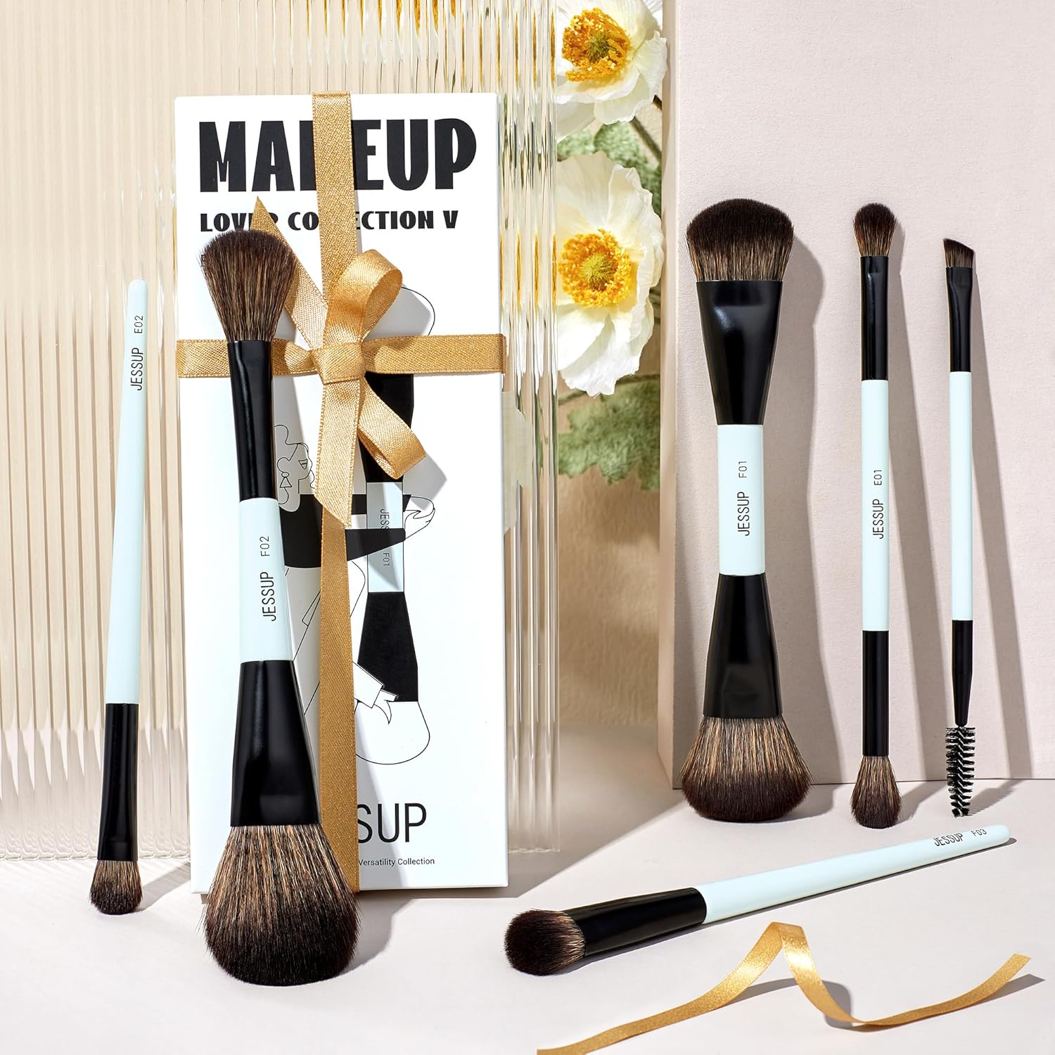 Jessup 6 Piece Double Sided Vegan Makeup Brush Set Bright Cyan - Image 6