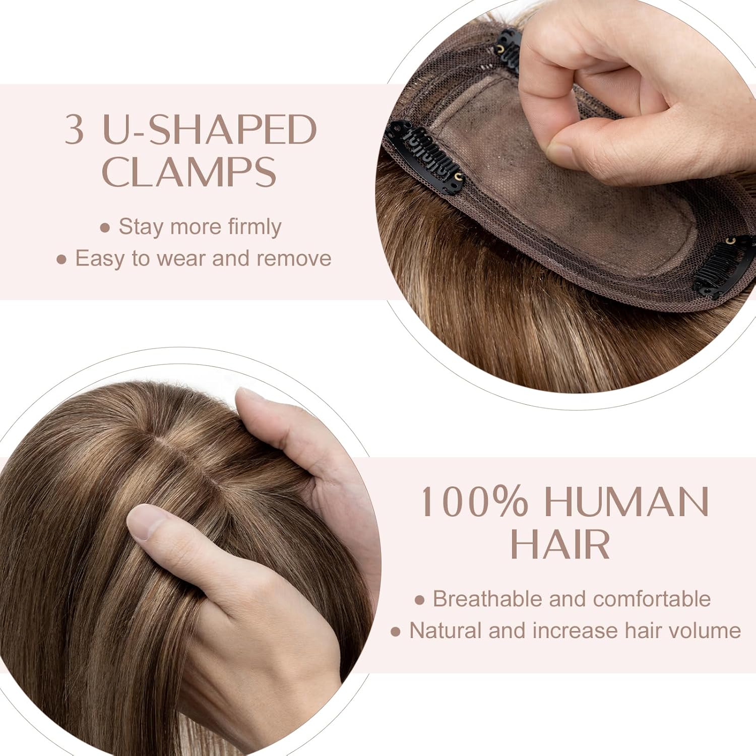 Chocolate Brown & Light Brown Human Hair Topper with Bangs 2.75x5.1 Inch Silk Base - Image 4
