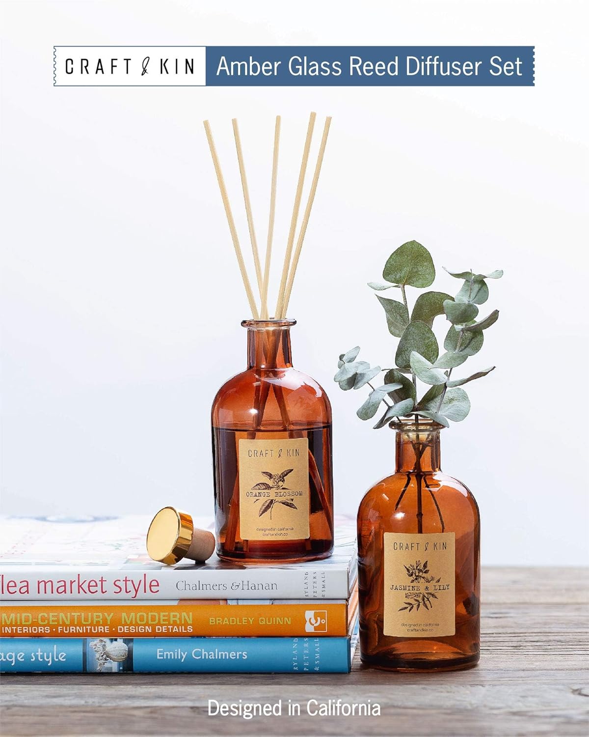 Craft & Kin Lily & Jasmine Reed Diffuser 5.75oz Amber Glass with 8 Rattan Sticks - Image 4