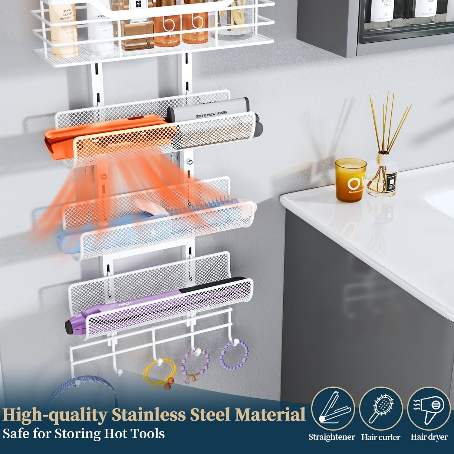 Consmest 6-Tier White Hair Tool Organizer with Hooks for Blow Dryer and Curling Iron - Image 7