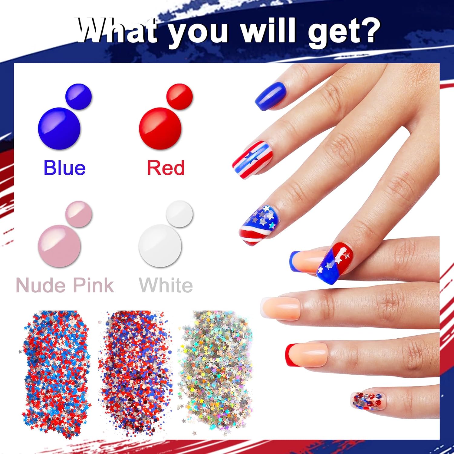 Allstarry 4-Color Red White Blue Gel Nail Polish Set with Star Glitter for Independence Day - Image 2