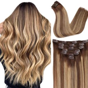 ORIGEN Clip in Hair Extensions Real Remy Human Hair Chocolate Brown to Caramel Blonde Highlights Straight Hair for Women 7pcs 120g 16 Inches