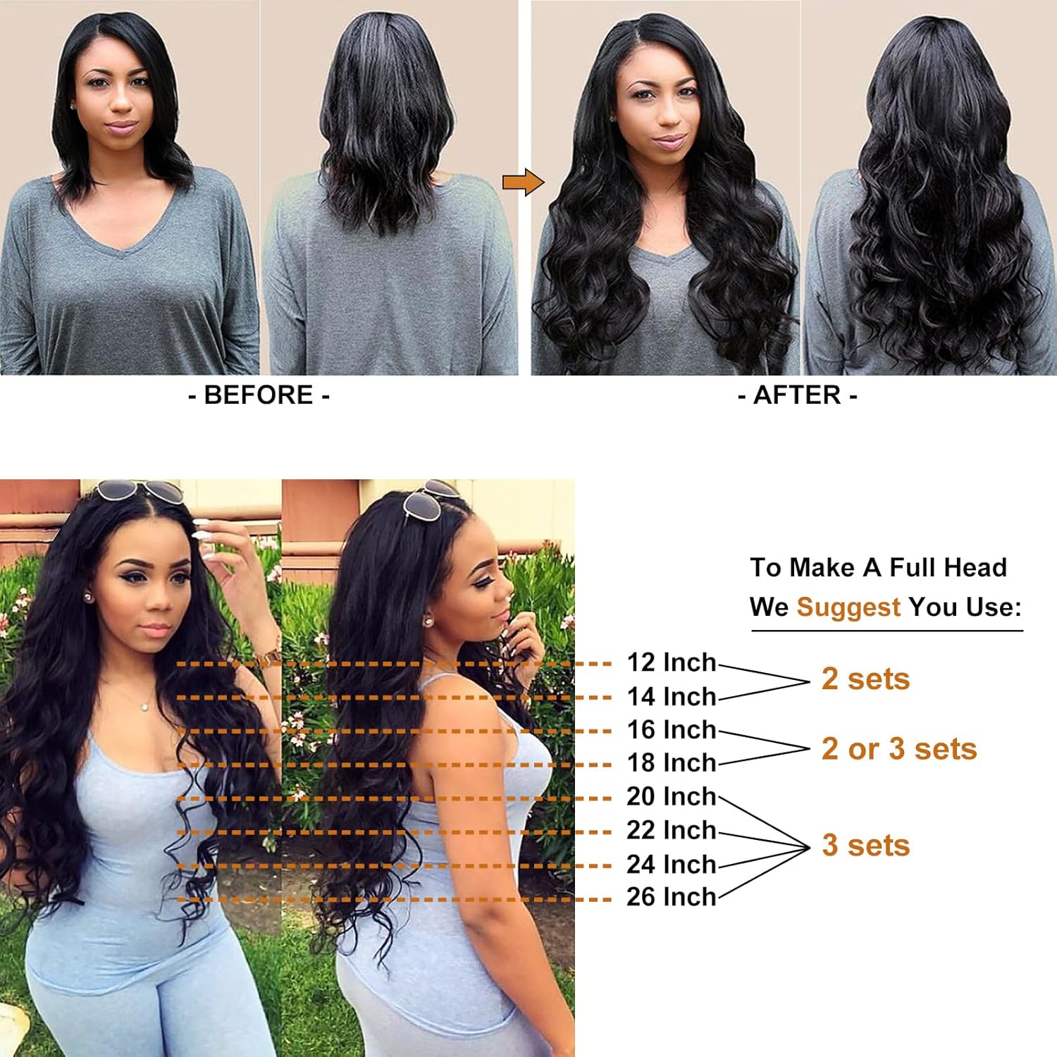 Remy 24 Inch Body Wave Clip-In Hair Extensions 100g 8Pcs Natural Black 1B - Image 5