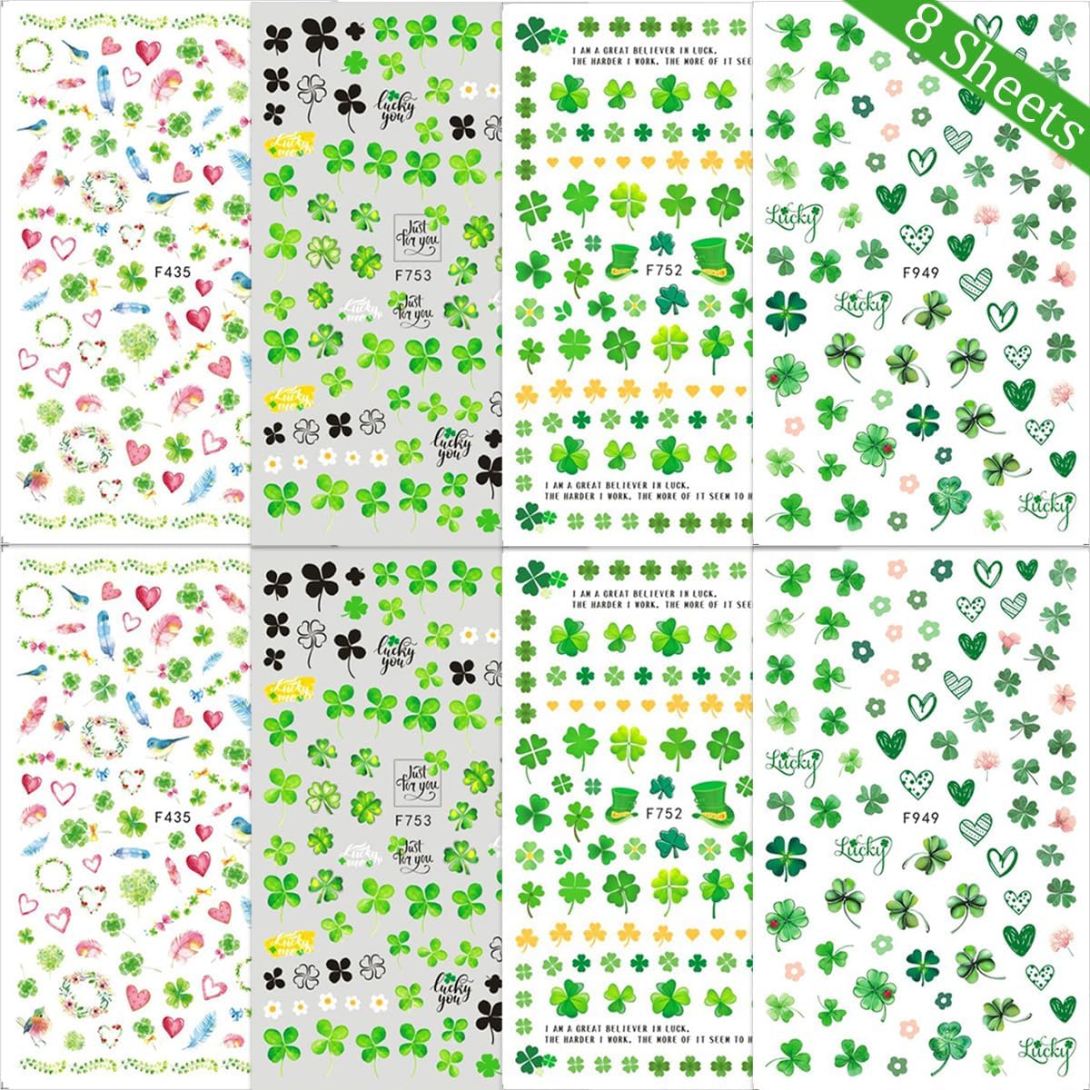 8 Sheets of St Patrick’s Day Nail Art Stickers with 3D Shamrock and Clover Designs - Image 4