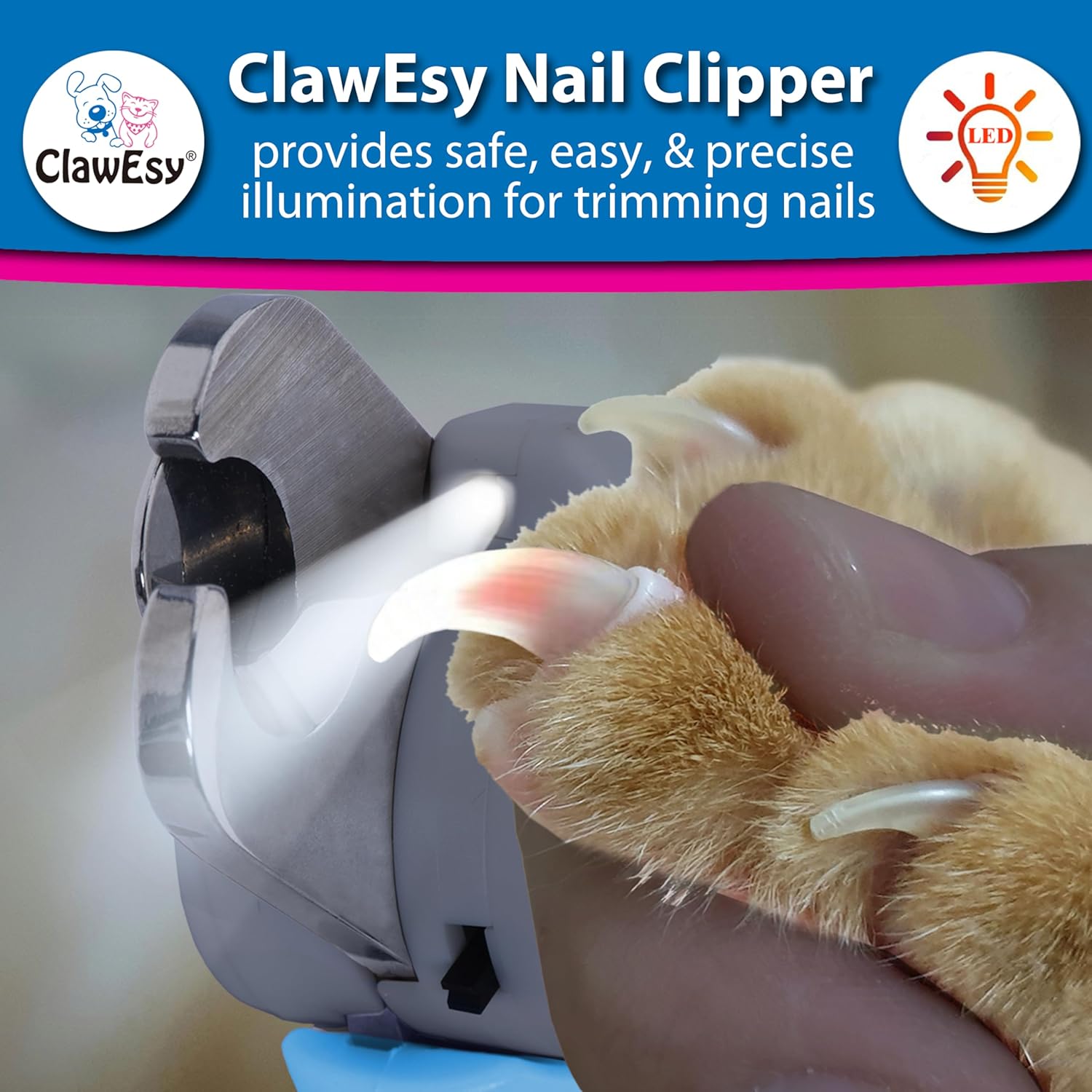 Blue Dog and Cat Nail Clippers with Built-in LED Light and Safety Guard, Stainless Steel Trimmer with Ergonomic Handle and Free Nail File - Image 3