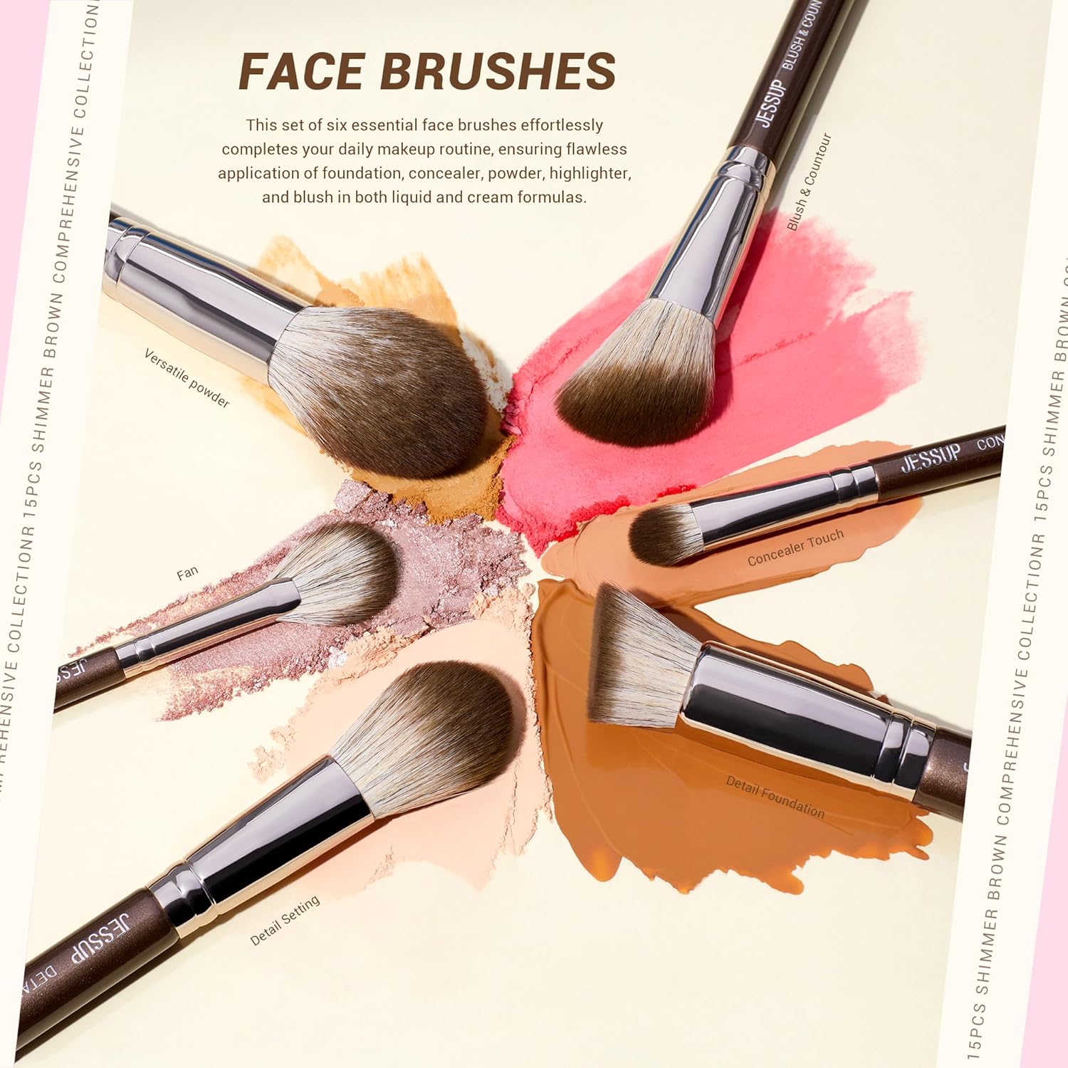 Jessup 15-Piece Brown Makeup Brush Set Premium Synthetic Brushes for All Needs - Image 4