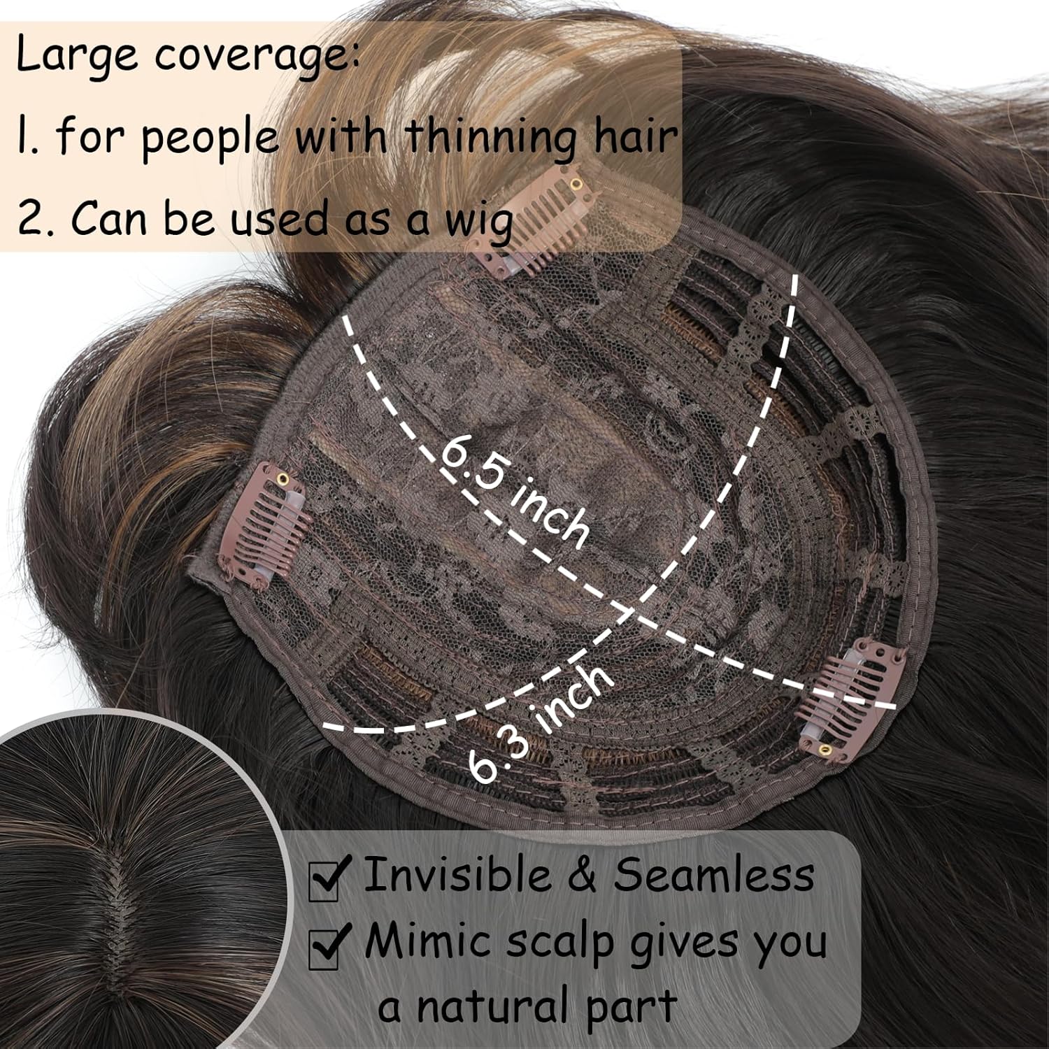 Dark Brown Mixed Chestnut 360° Curly Wavy Synthetic Hair Topper with Bangs for Thinning Hair - Image 3