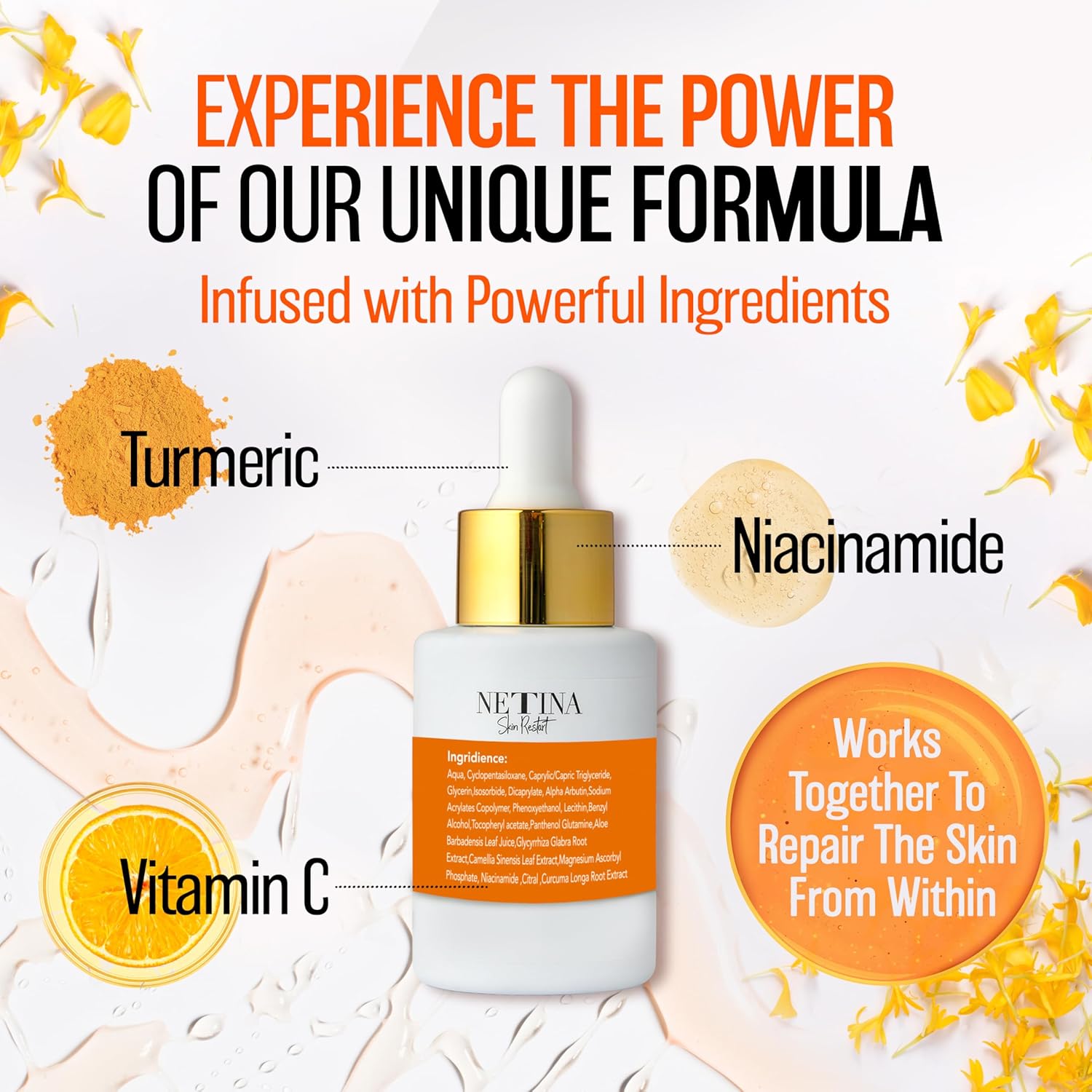 NETINA SKIN RESTART 30ml Vitamin C Brightening Serum for Dark Spots with Niacinamide Turmeric - Image 3