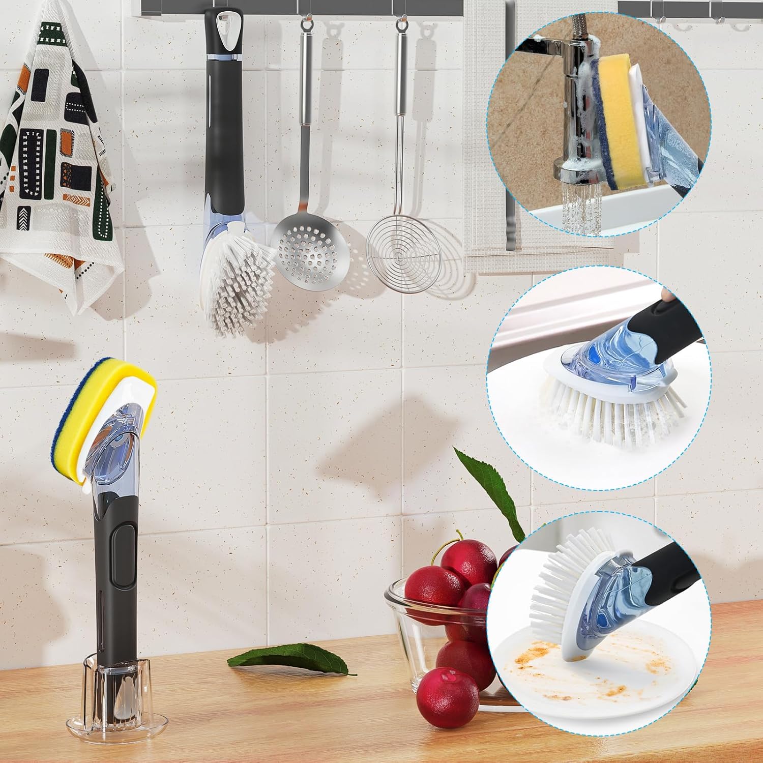 AJXX Dish Brush Set with Integrated Soap Dispenser and Two Replacement Brush Heads Plus Holder - Image 6