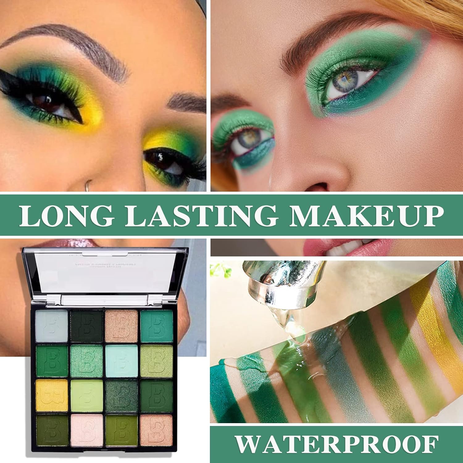 16-Color Green Shimmer Eyeshadow Palette Waterproof Matte Metallic Makeup Powder Set - Image 4