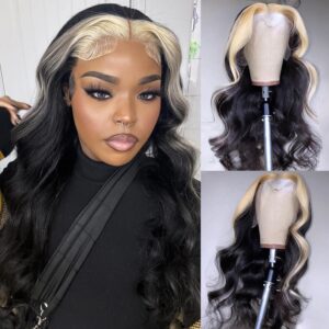 BLG Skunk Stripe Lace Front Wigs Density 180% Highlight Human Hair Wigs 613 28 Inch Body Wave Pre Plucked with Baby Hair Glueless