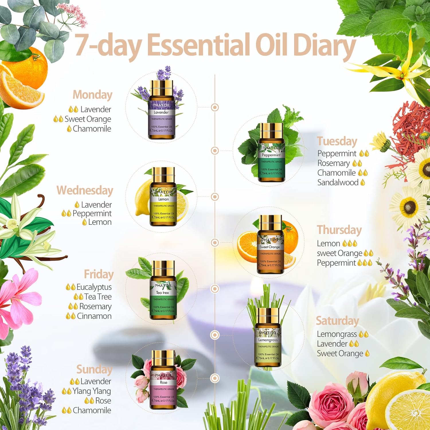15 x 5ml Pure Aromatherapy Essential Oils Gift Set for Skin Hair Bath - Image 3