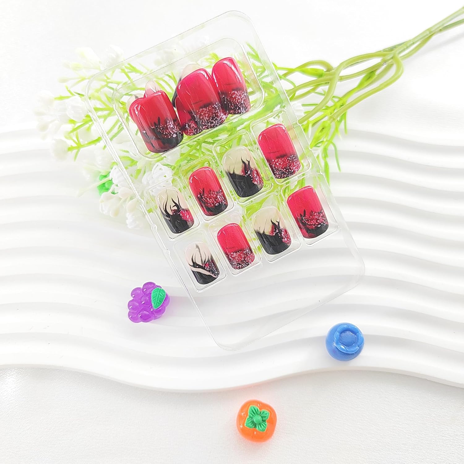 Medium Square Press-on Nails Black Flame Glitter Design 24 Pcs Full Cover Red Acrylic - Image 3