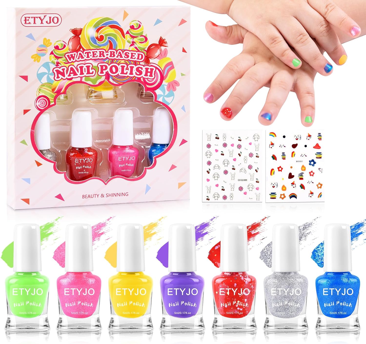 Kids Nail Polish - 100% Non Toxic Peel - Off Water-Based Quick Dry Nail Polish for Toddler 7 Candy Colors With Sticker for Girls Ages 3+