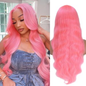 13x6 Pink Lace Front Wig Human Hair Pink Wigs for Women Body Wave 13x6 Hd Lace Frontal Wigs Glueless Pre Plucked with Baby Hair(22Inch)