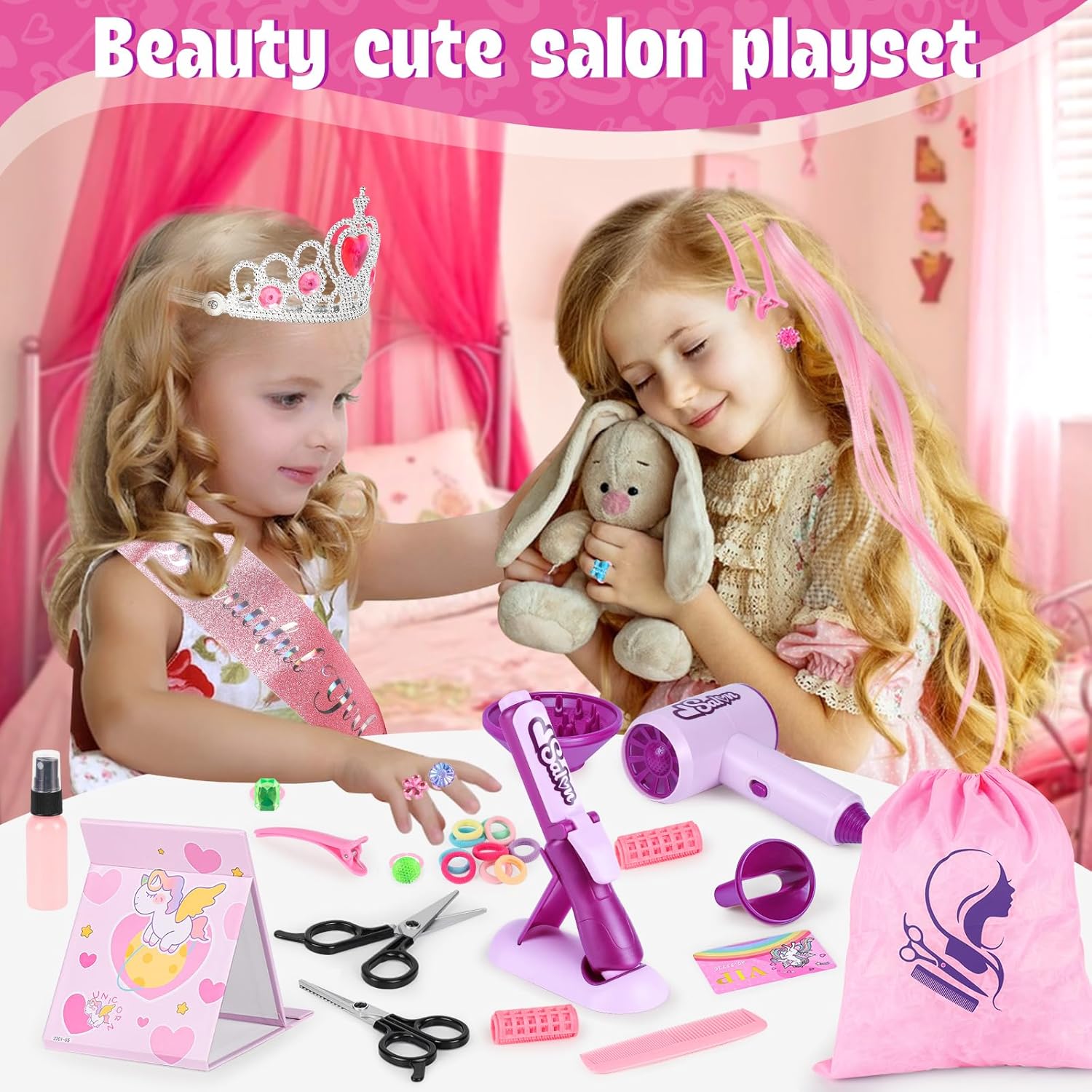 40-Piece Kids Hair Salon Playset with Realistic Hairdryer, Curling Iron, Mirror, and Fun Accessories - Image 5