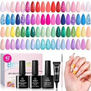 Beetles Summer Gel Nail Polish Set, 42pcs UV Gel Nail Polish Colors Blue Pink Purple Orange Polish Gel Shimmer Glitter Woodland Fairy Collection with Nail Art Rhinestone Gifts for Women Girls