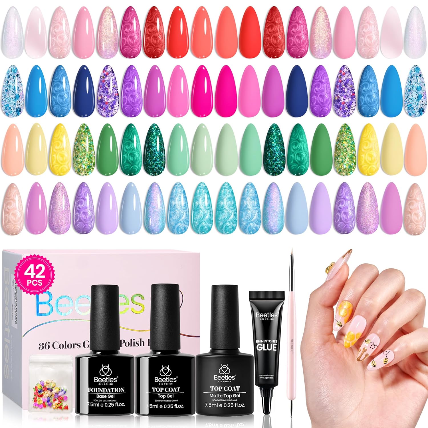 Beetles Summer Gel Nail Polish Set, 42pcs UV Gel Nail Polish Colors Blue Pink Purple Orange Polish Gel Shimmer Glitter Woodland Fairy Collection with Nail Art Rhinestone Gifts for Women Girls