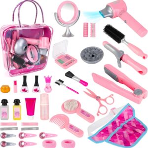 deAO Hair Salon Toys for Girls Beauty Salon Set Kids Pretend Play Makeup Sets with Hairdryer, Mirror, Curling Iron and Stylist Accessories Kids Toddler Fashion Cutting Makeup Toys (Fake Makeup)