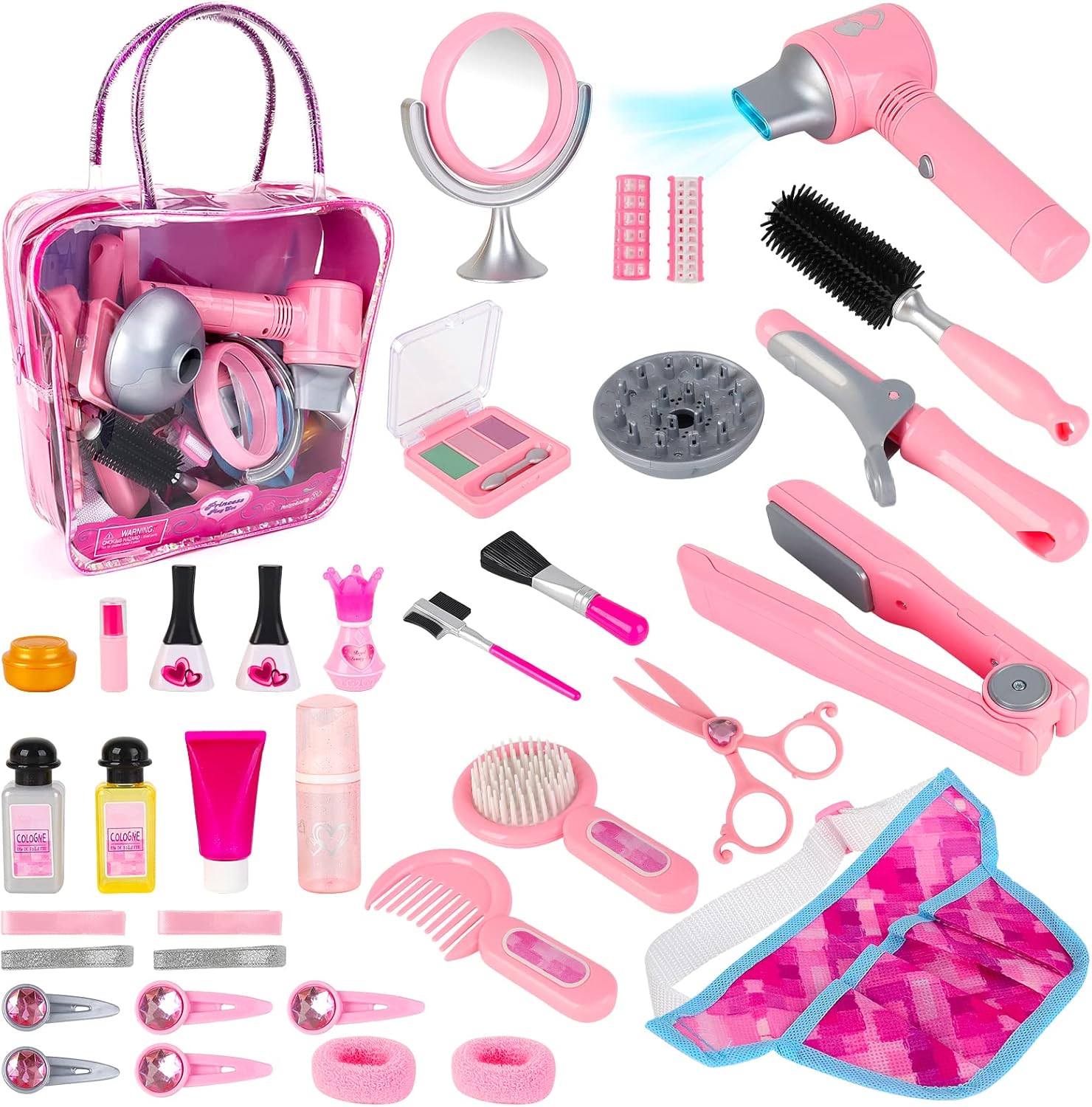 deAO Hair Salon Toys for Girls Beauty Salon Set Kids Pretend Play Makeup Sets with Hairdryer, Mirror, Curling Iron and Stylist Accessories Kids Toddler Fashion Cutting Makeup Toys (Fake Makeup)