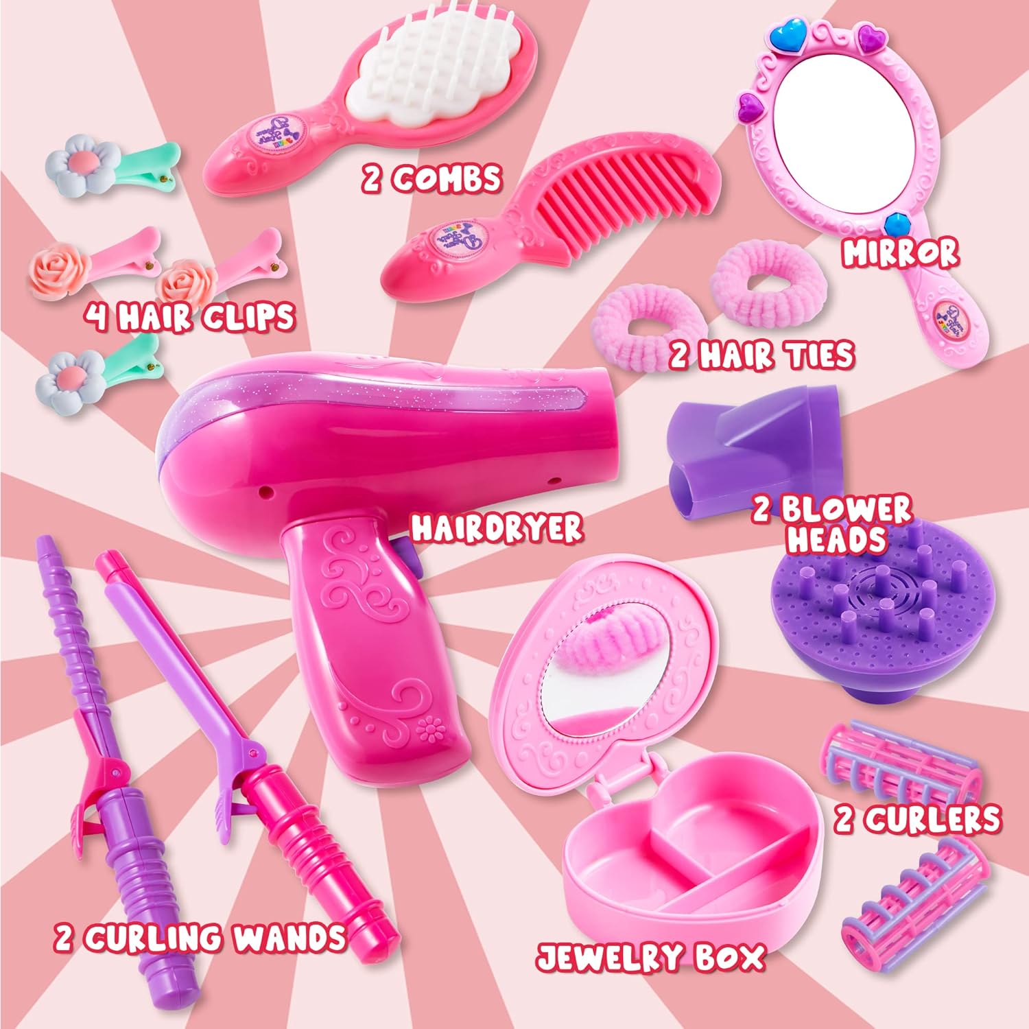 JOYIN 17-Piece Pretend Play Beauty Salon Playset for Girls with Toy Hairdryer, Mirror, Curling Iron, and Accessories - Image 3