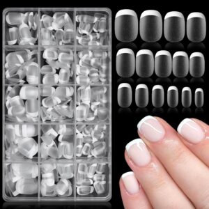 300pc Short Square Nail Tips Fake Nails French Tip Press on Nails Short Acrylic Nails Clear Nail Tips Full Cover False Nail Artificial Fingernail, 15 Sizes Matte Soft Gel Nail Extentions