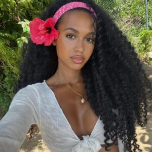 Curly Headband Wig for Women, 20 Inch Wear and Go Glueless Wigs Deep Wave Wig Half Wig As Human Hair with 1 Headband, 180% Density Synthetic Wigs None Lace Front (Black #1B)