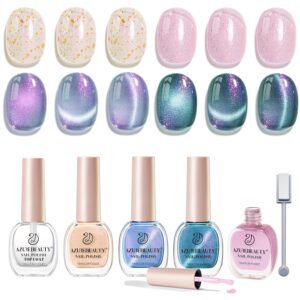 AZUREBEAUTY Cat Eye Nail Polish Set Quick Dry Long Lasting 4 Colors Magnetic Shimmer Chrome Glitter Natural Nail Lacquer Fingernail Kit with Top Coat Nail Polish DIY Salon Home