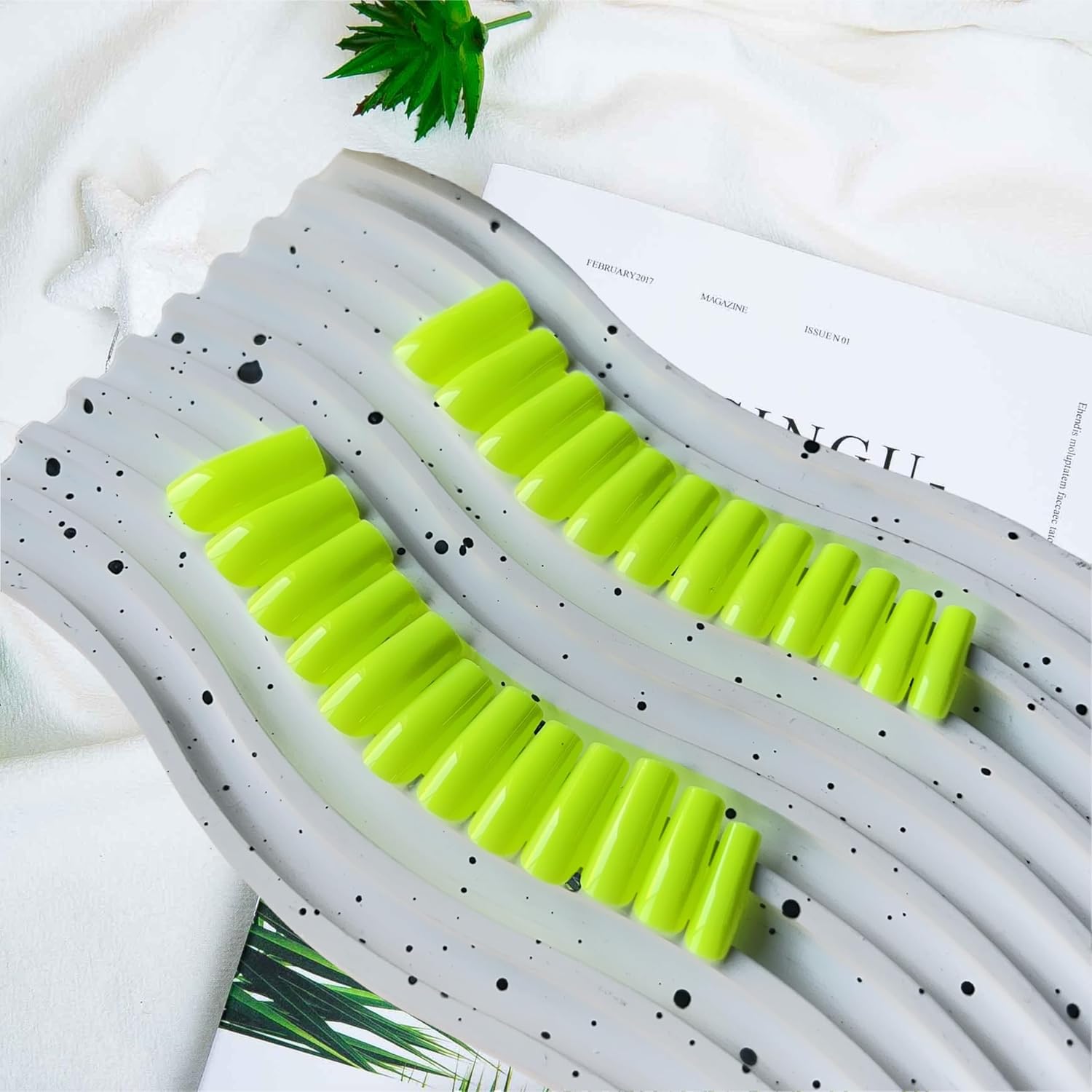 Xcreando Medium Long Square Neon Green Acrylic Coffin Press On Nails for Women Set - Image 4