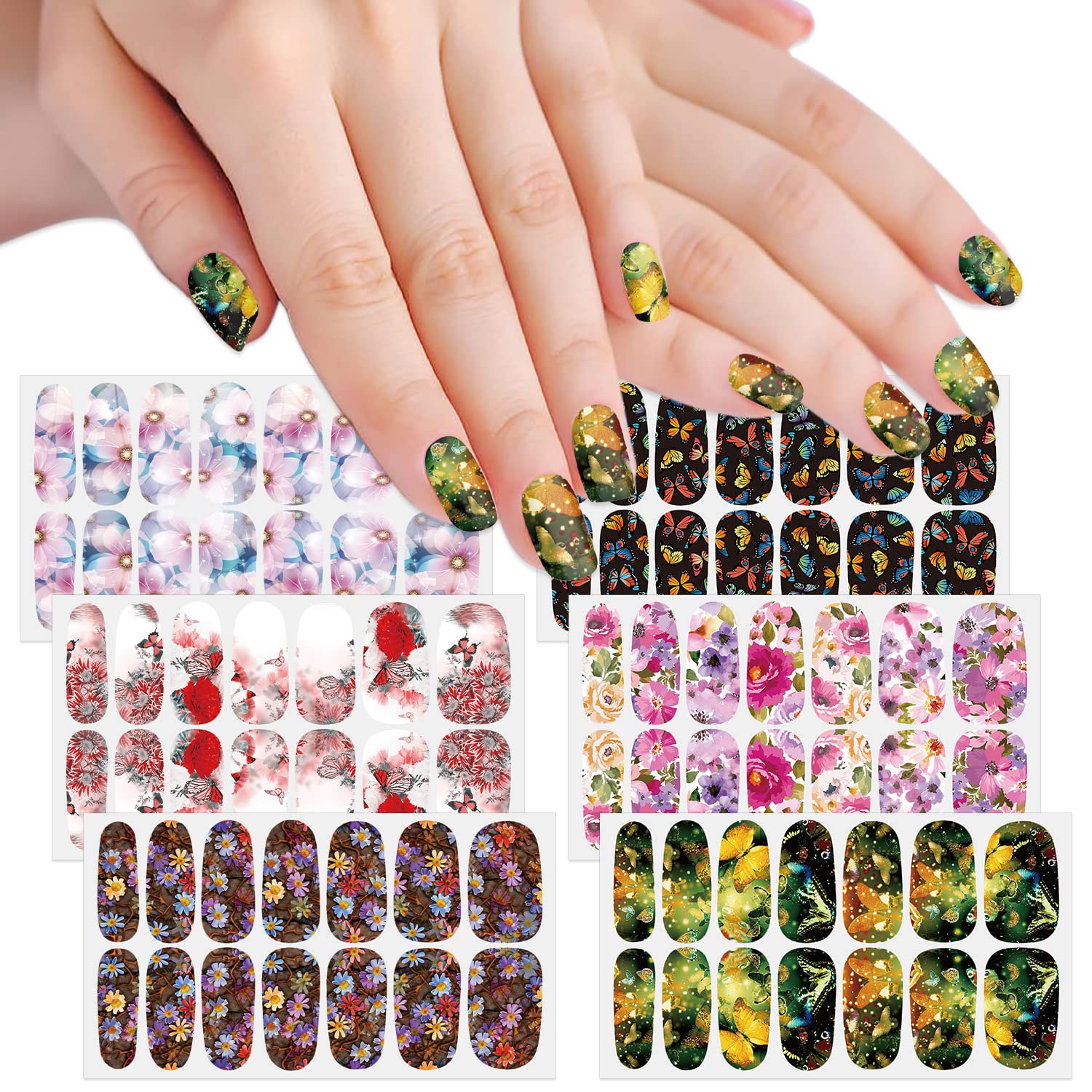 SILPECWEE 6 Sheets Flower Nail Polish Stickers Full Wraps for Women Color Strips Gel Strips Stick on Self Adhesive Fingernail Manicure Design With 1pc File